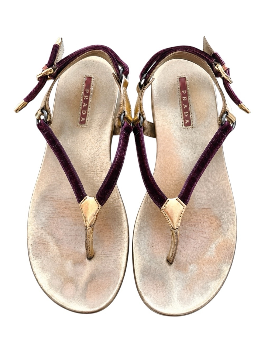 Prada Purple Velvet & Gold Metallic T-Strap Sandals